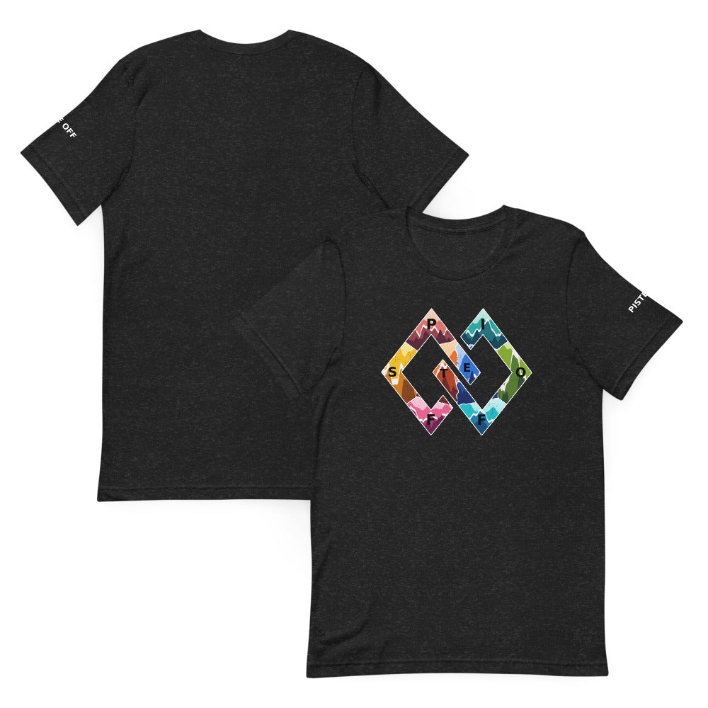 Piste Peaks Tee – Black Heather, front and back (Printful mockup)