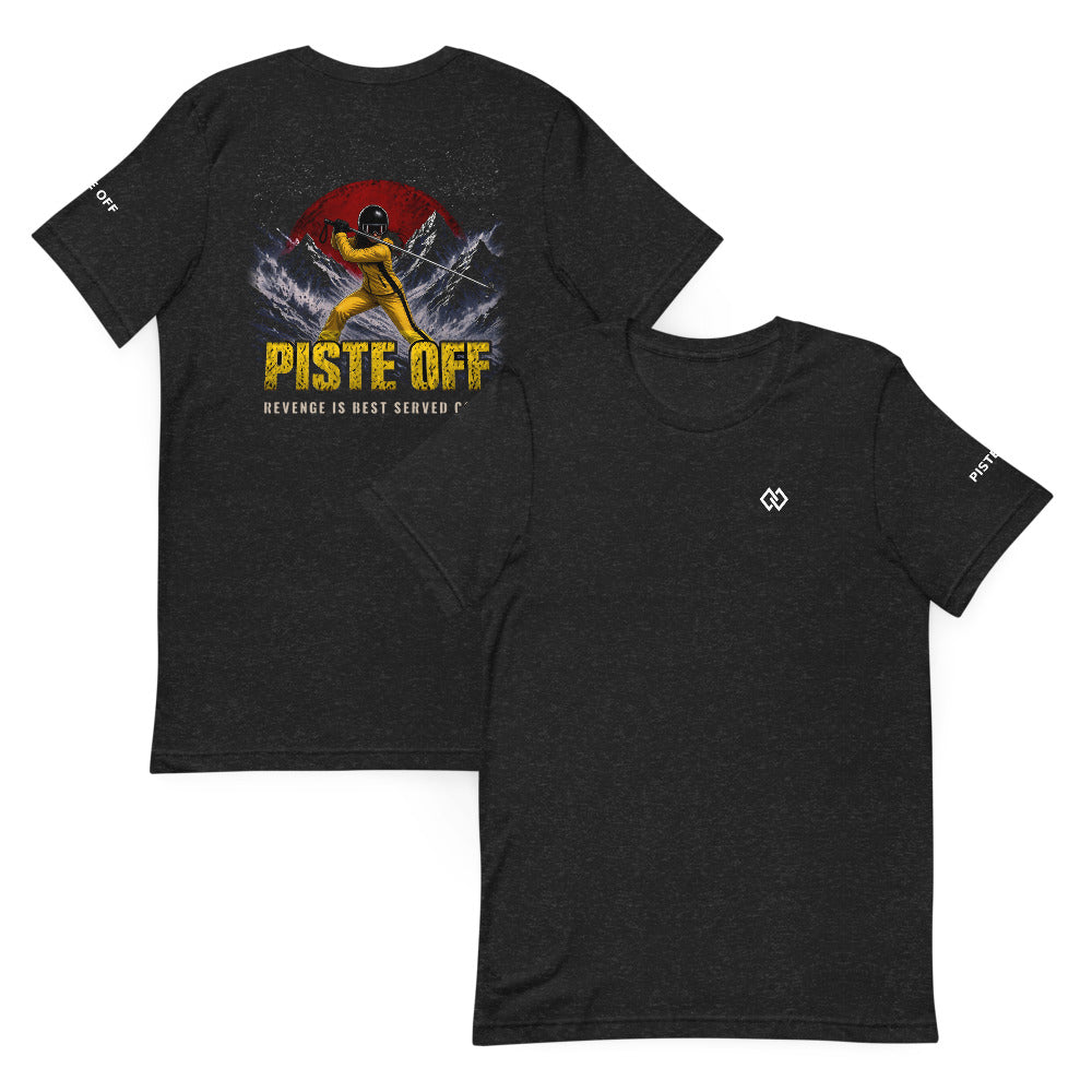 Piste Off Revenge T-Shirt – Black Heather, front and back (Printful mockup)