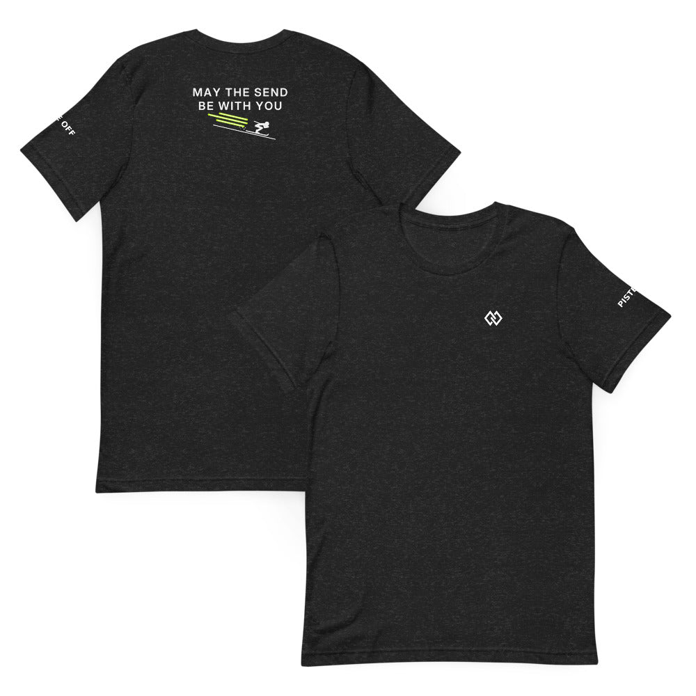 May The Send Be With You T-Shirt – Black Heather, front and back (Printful mockup)
