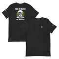 I'll Be Back T-Shirt – Black Heather, front and back (Printful mockup)