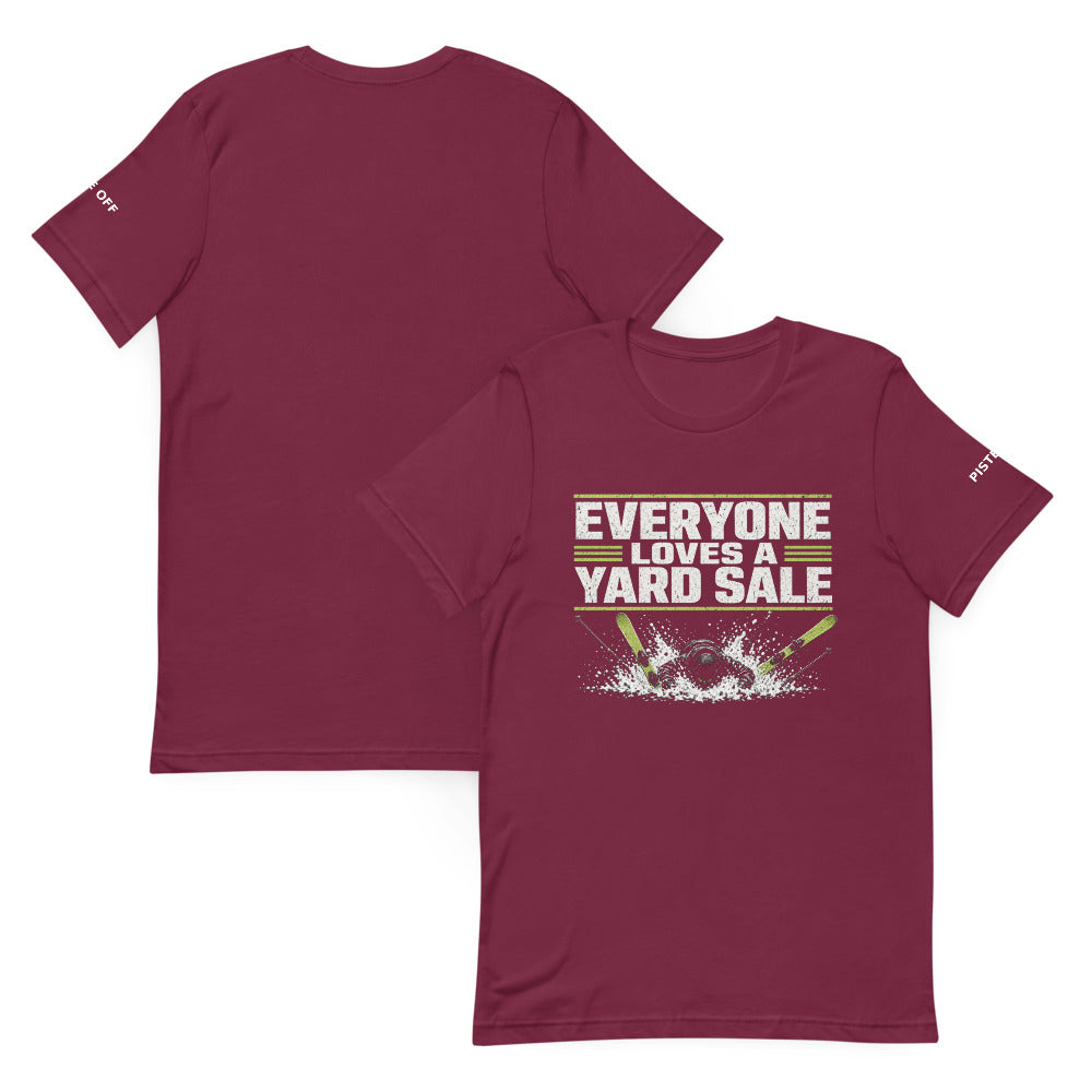 EVERYONE LOVES A YARD SALE T-Shirt – Maroon, front and back (Printful mockup)
