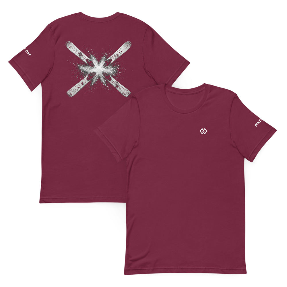 Crossed Skis T-Shirt – Maroon, front and back (Printful mockup)