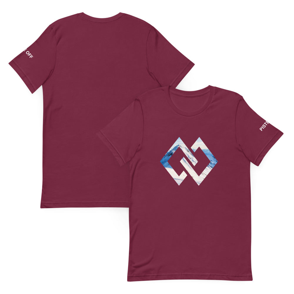 Double Diamond RANGE Unisex T-Shirt – Maroon, front and back (Printful mockup)