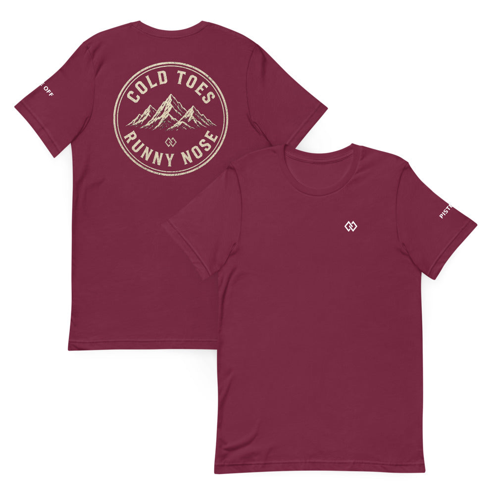 Cold Toes Runny Nose T-Shirt – Maroon, front and back (Printful mockup)