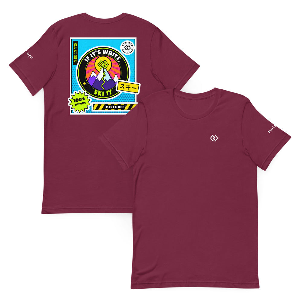 If It's White, Ski It: Tokyo-to Tee – Maroon, front and back (Printful mockup)
