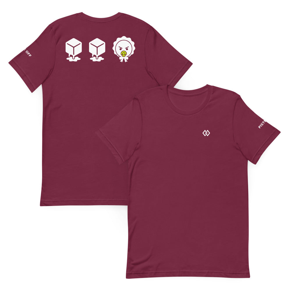 Ice Ice Baby Tee – Maroon, front and back (Printful mockup)