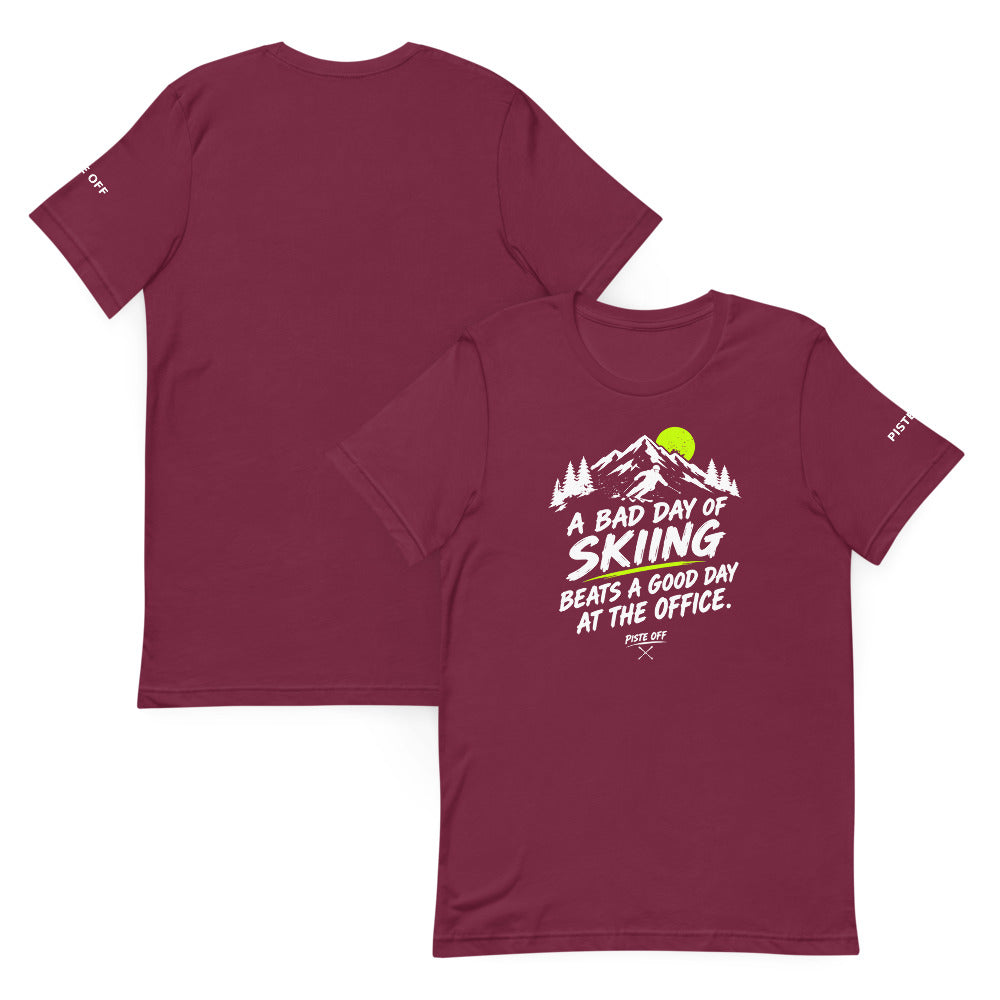 Bad Day of Skiing Tee – Maroon, front and back (Printful mockup)