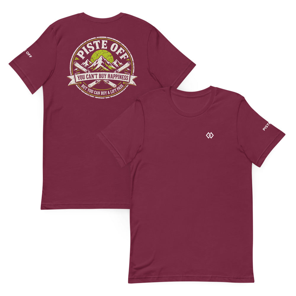 Can't Buy Happiness Lift Pass Tee – Maroon, front and back (Printful mockup)