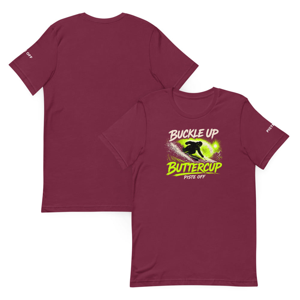 Buckle Up Buttercup Tee – Maroon, front and back (Printful mockup)
