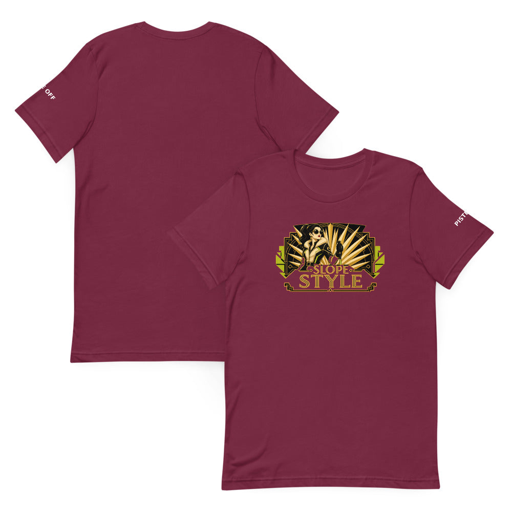 Slope Style Tee – Maroon, front and back (Printful mockup)