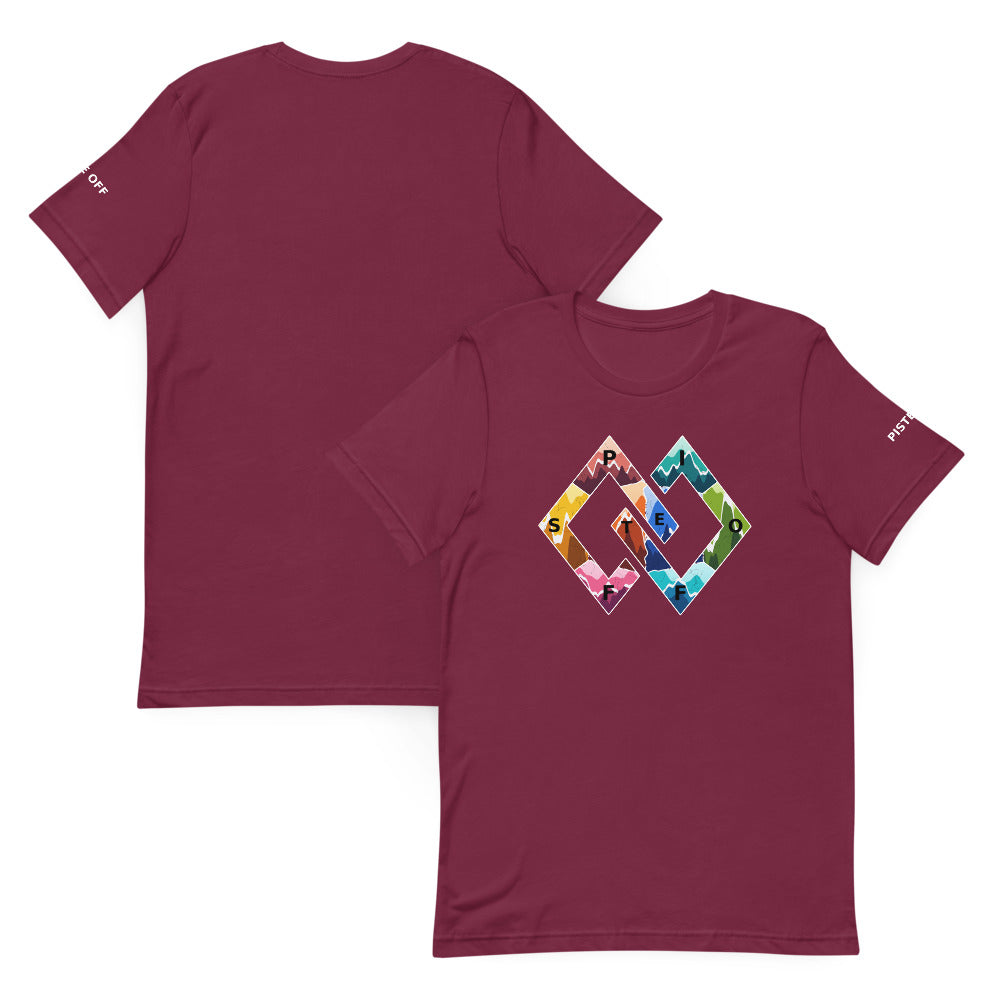 Piste Peaks Tee – Maroon, front and back (Printful mockup)