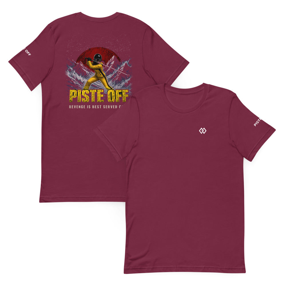 Piste Off Revenge T-Shirt – Maroon, front and back (Printful mockup)
