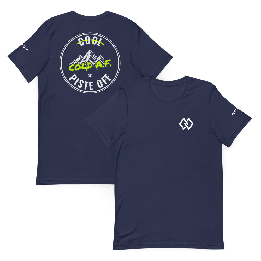 Cool / Cold A.F. T-Shirt – Navy, front and back (Printful mockup)