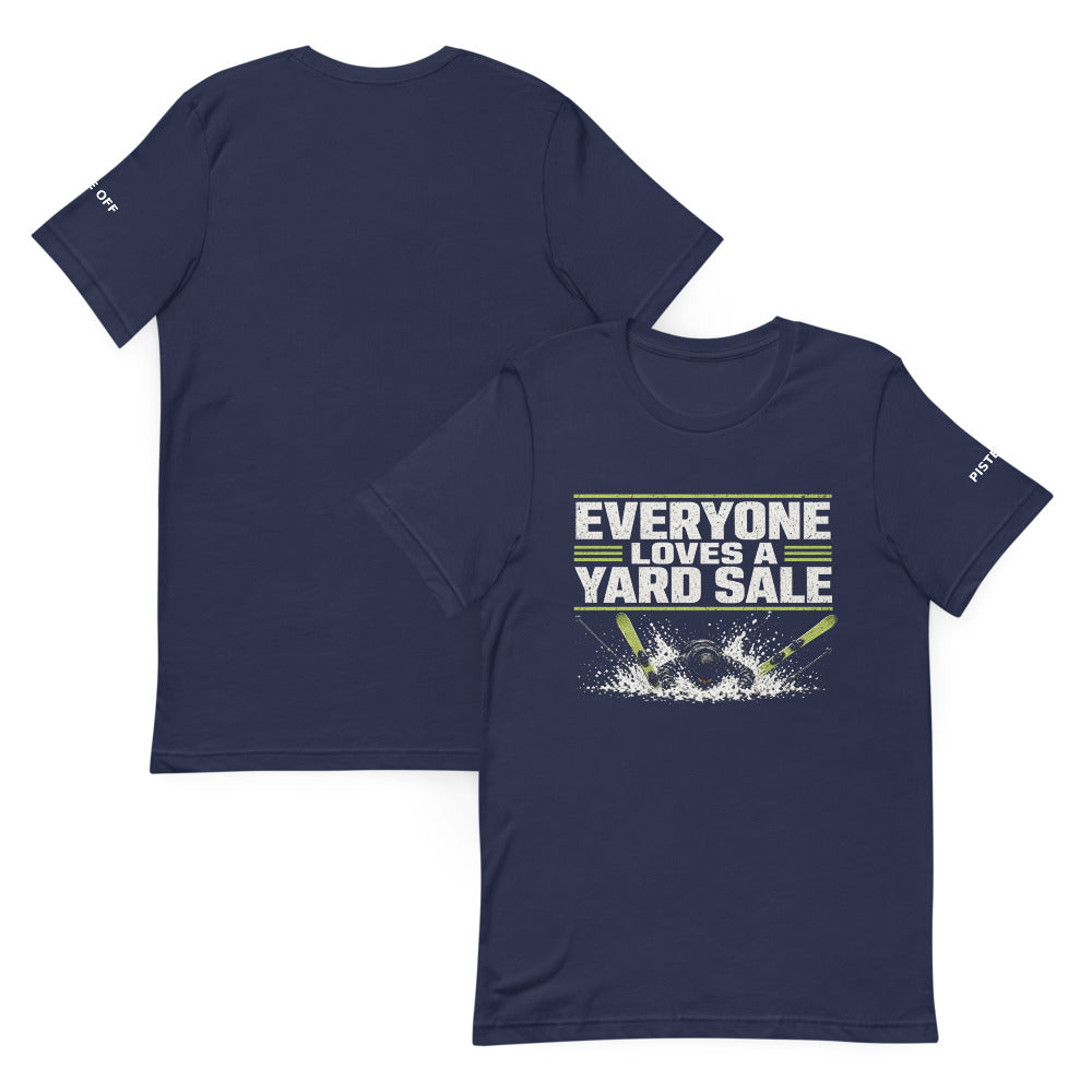 EVERYONE LOVES A YARD SALE T-Shirt – Navy, front and back (Printful mockup)