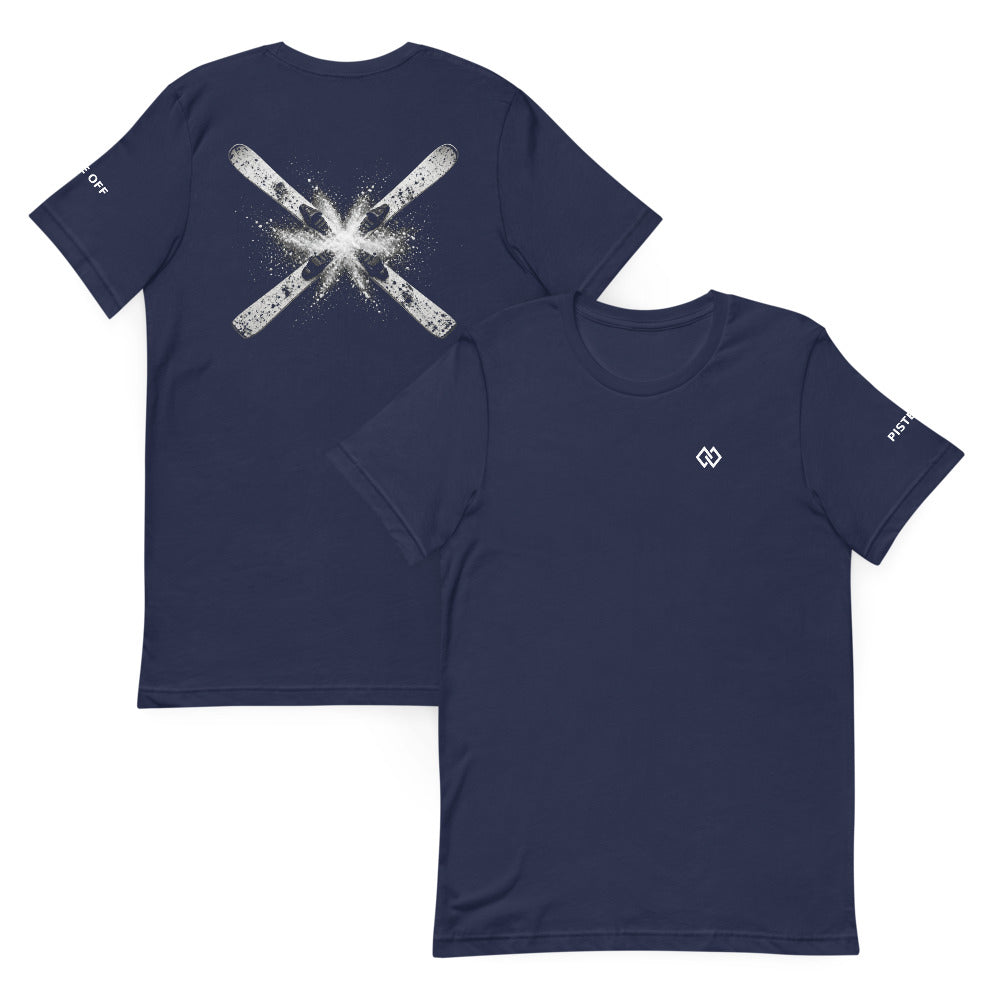 Crossed Skis T-Shirt – Navy, front and back (Printful mockup)