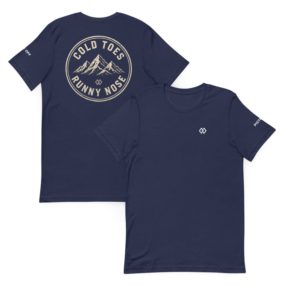 Cold Toes Runny Nose T-Shirt – Navy, front and back (Printful mockup)