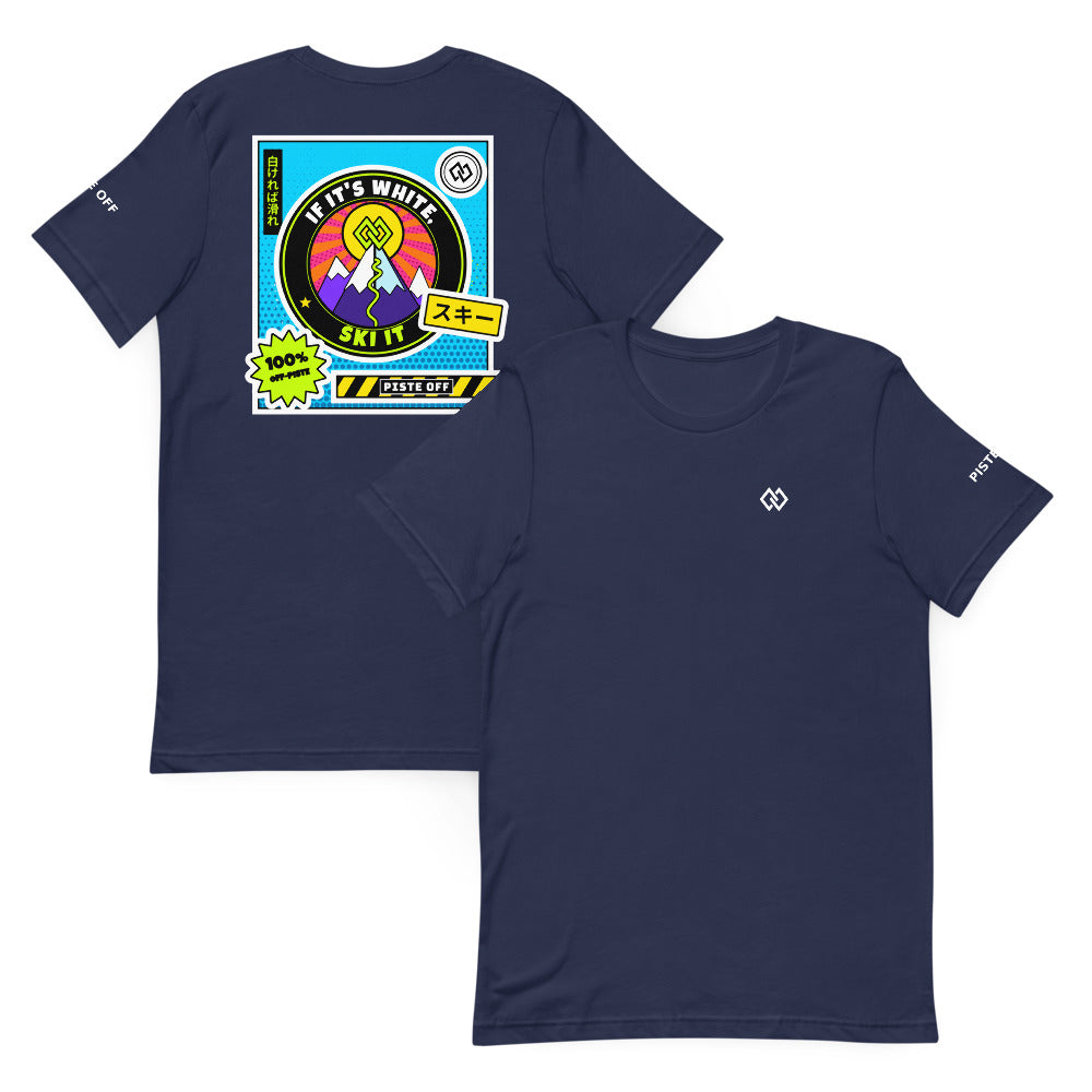 If It's White, Ski It: Tokyo-to Tee – Navy, front and back (Printful mockup)