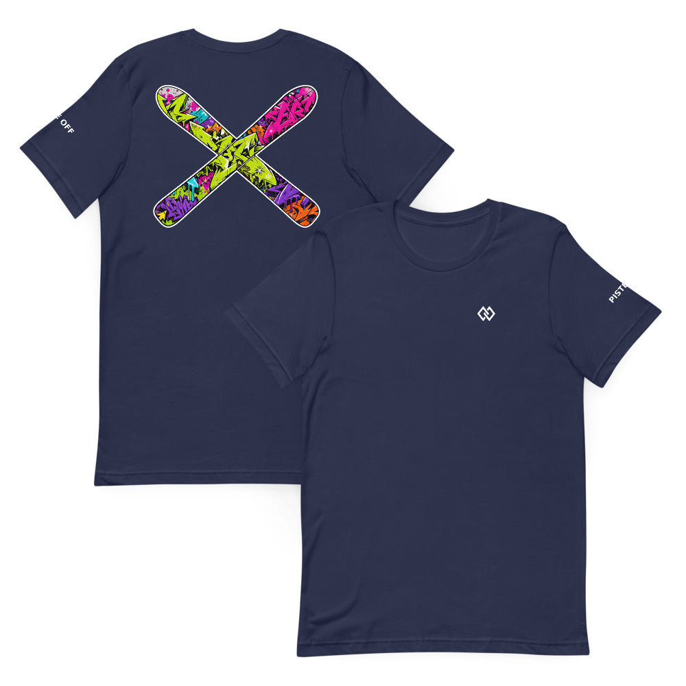 Crossed Up Tee – Navy, front and back (Printful mockup)