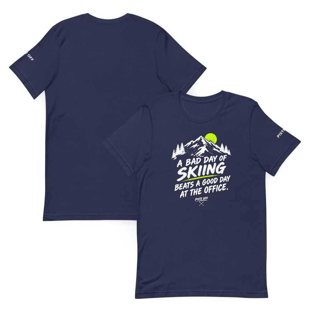 Bad Day of Skiing Tee – Navy, front and back (Printful mockup)