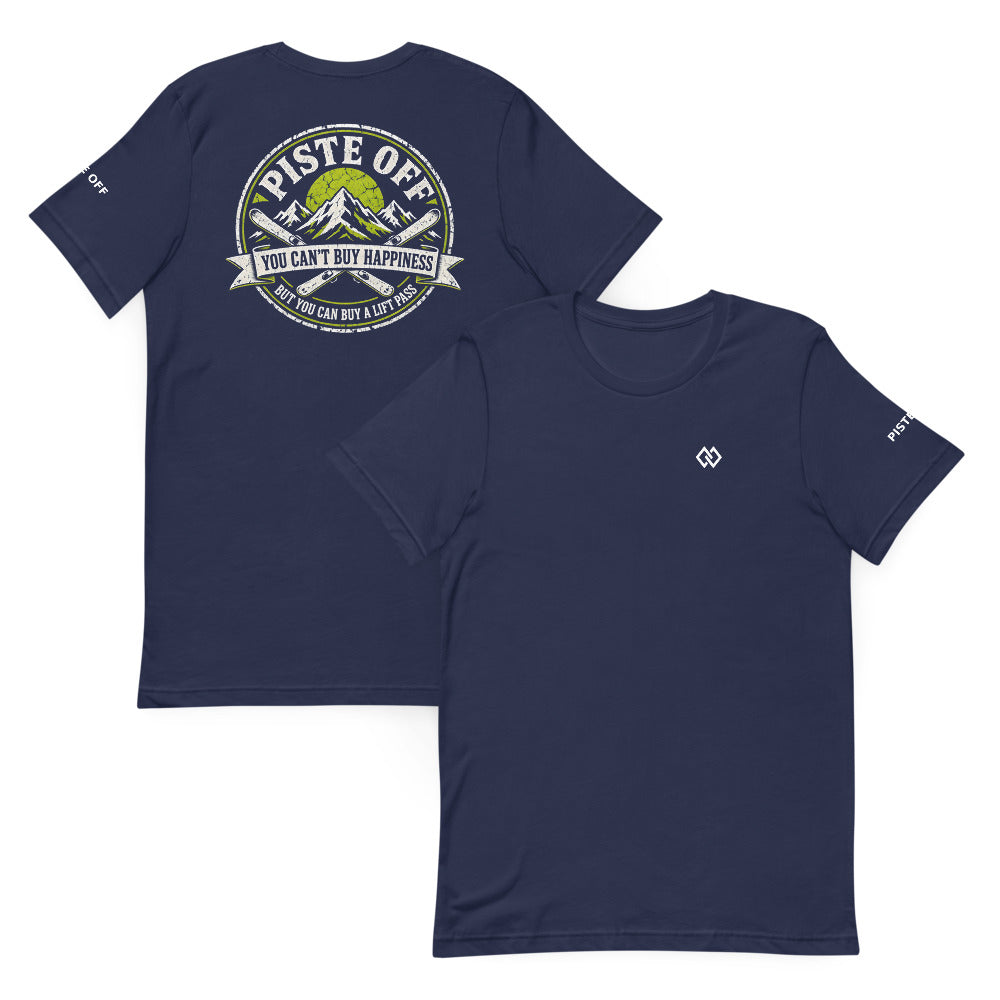 Can't Buy Happiness Lift Pass Tee – Navy, front and back (Printful mockup)