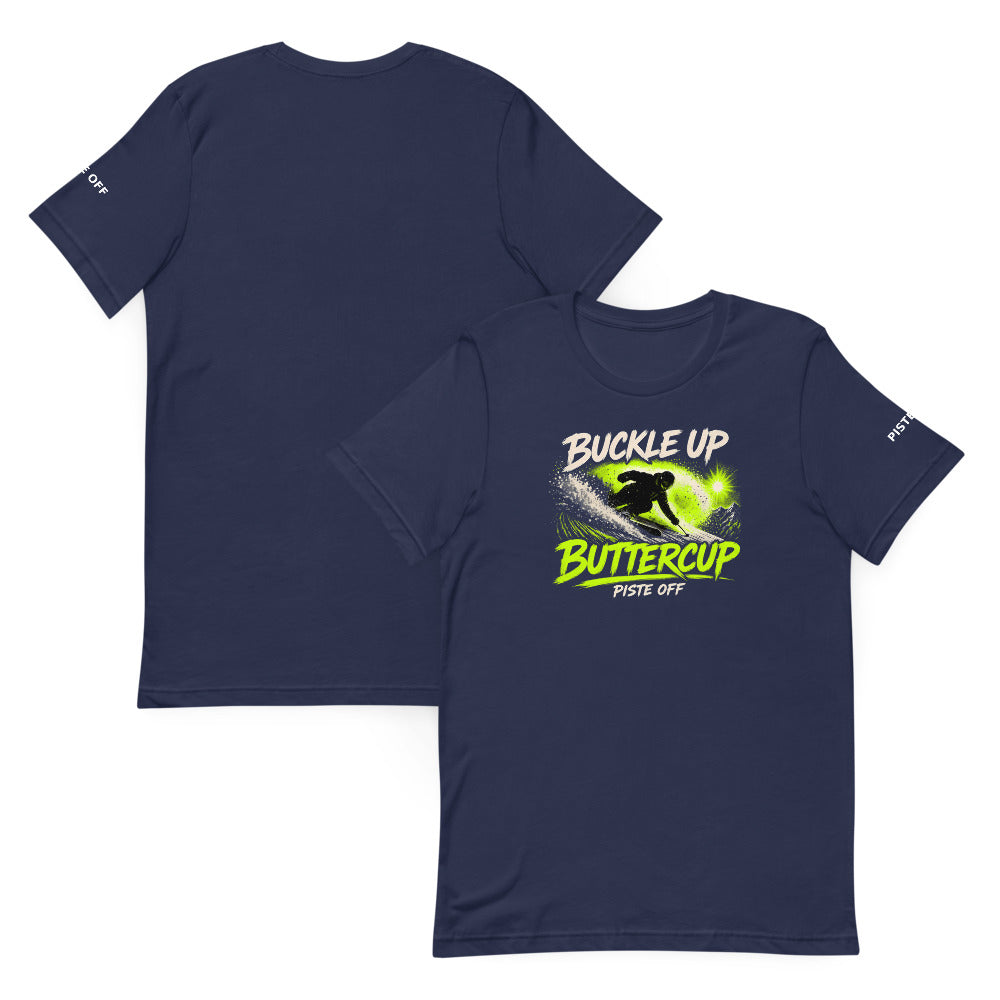 Buckle Up Buttercup Tee – Navy, front and back (Printful mockup)