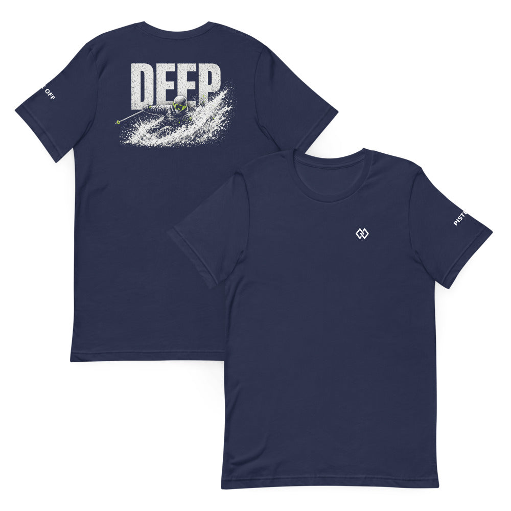 DEEP Tee – Navy, front and back (Printful mockup)