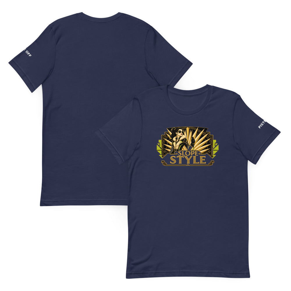 Slope Style Tee – Navy, front and back (Printful mockup)