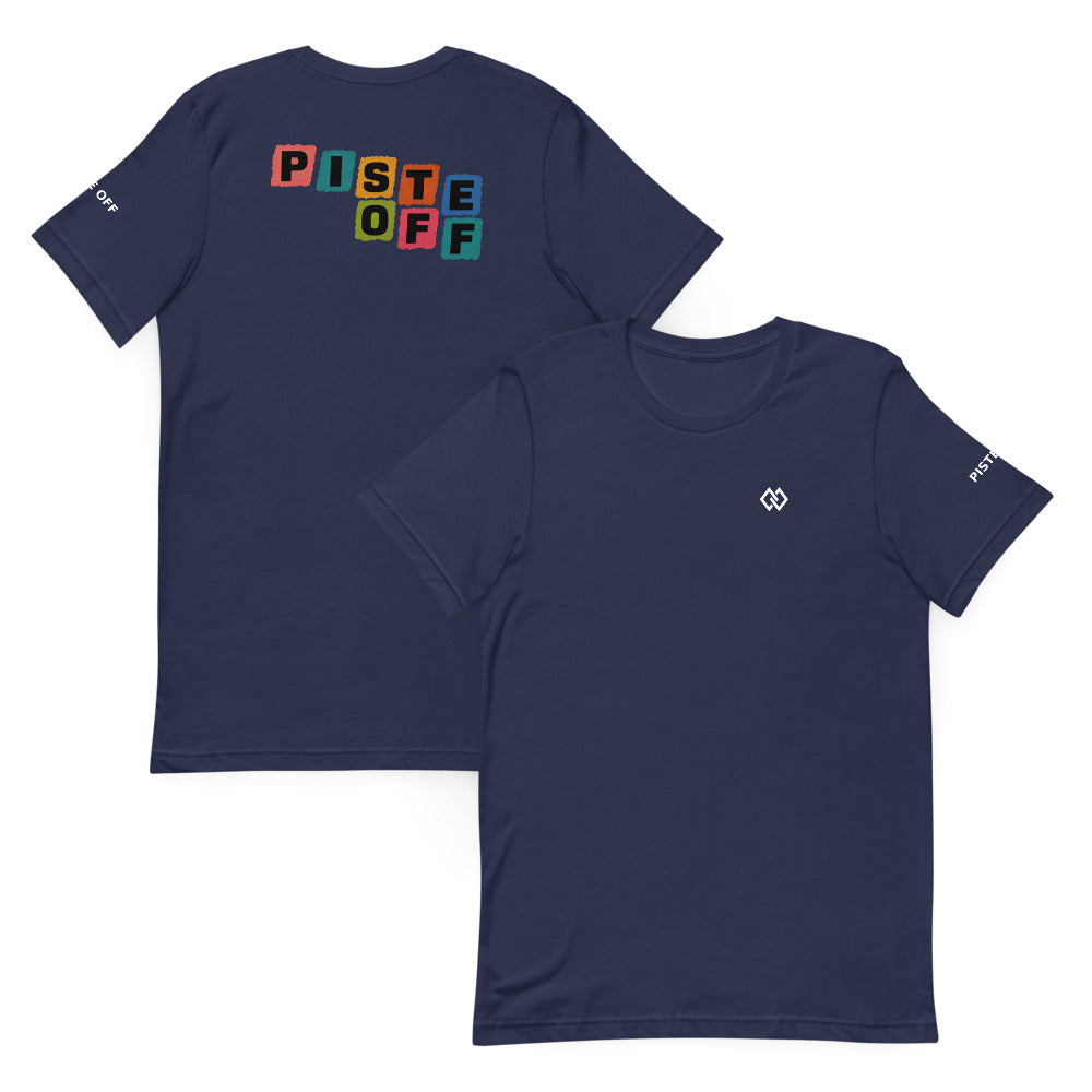 Piste Panels Tee – Navy, front and back (Printful mockup)