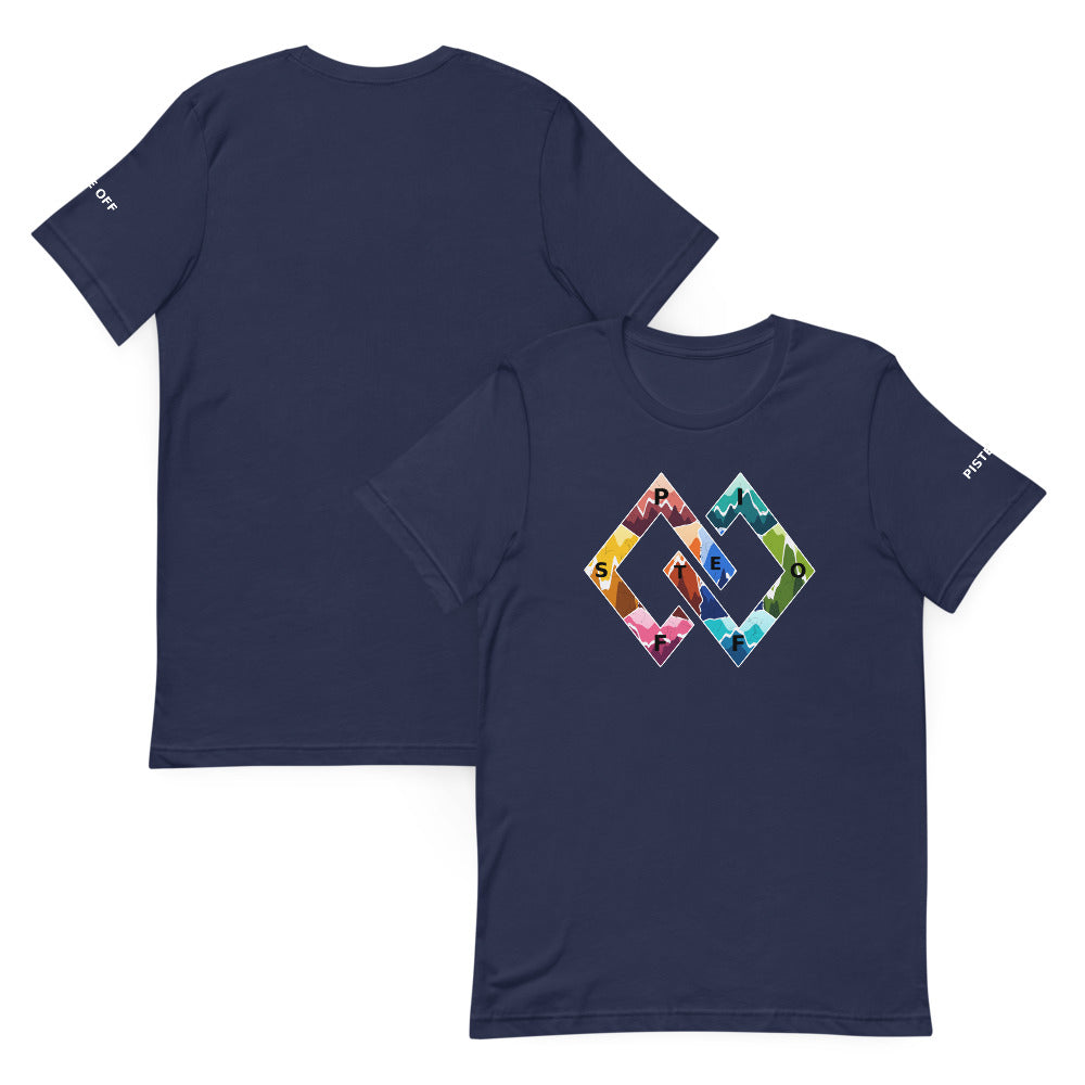 Piste Peaks Tee – Navy, front and back (Printful mockup)