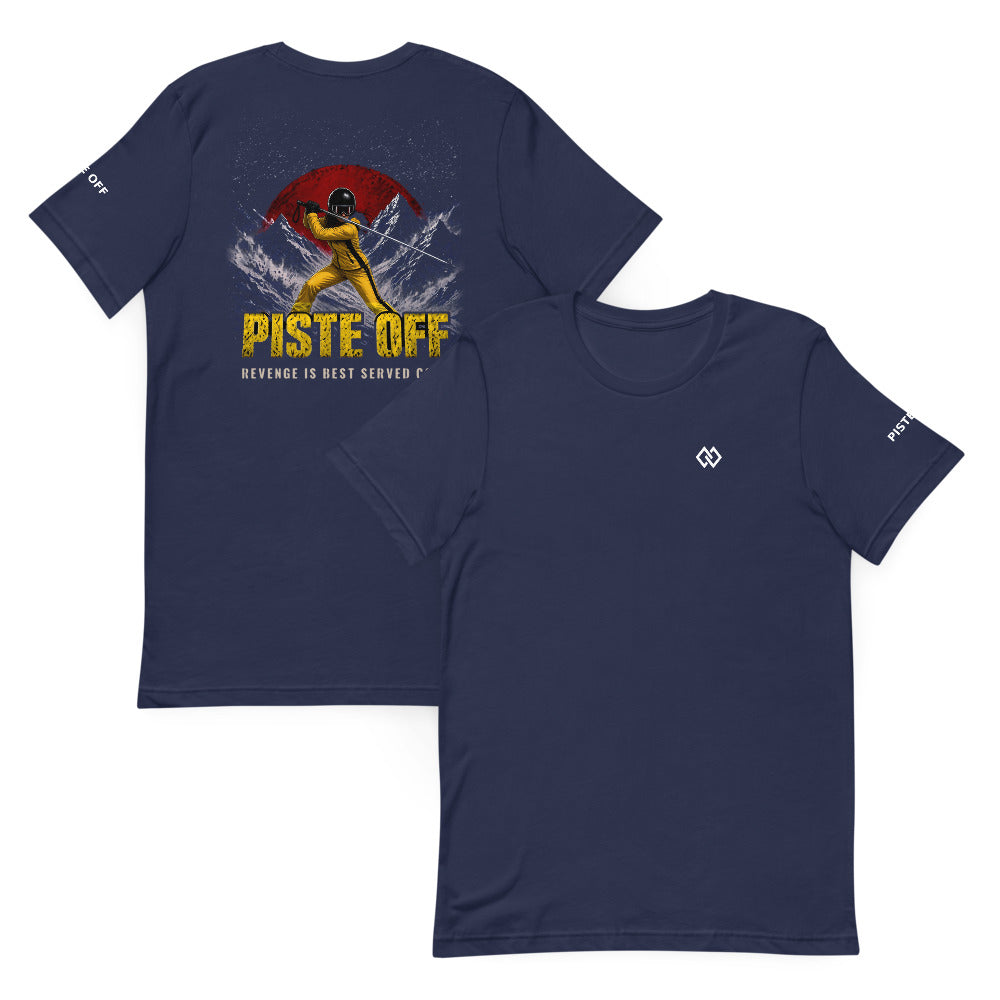 Piste Off Revenge T-Shirt – Navy, front and back (Printful mockup)