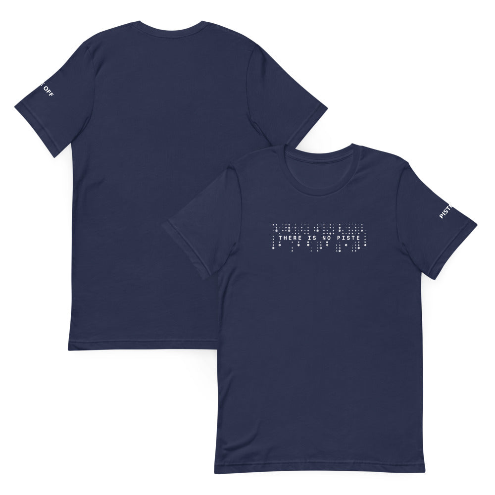 There Is No Piste T-Shirt – Navy, front and back (Printful mockup)