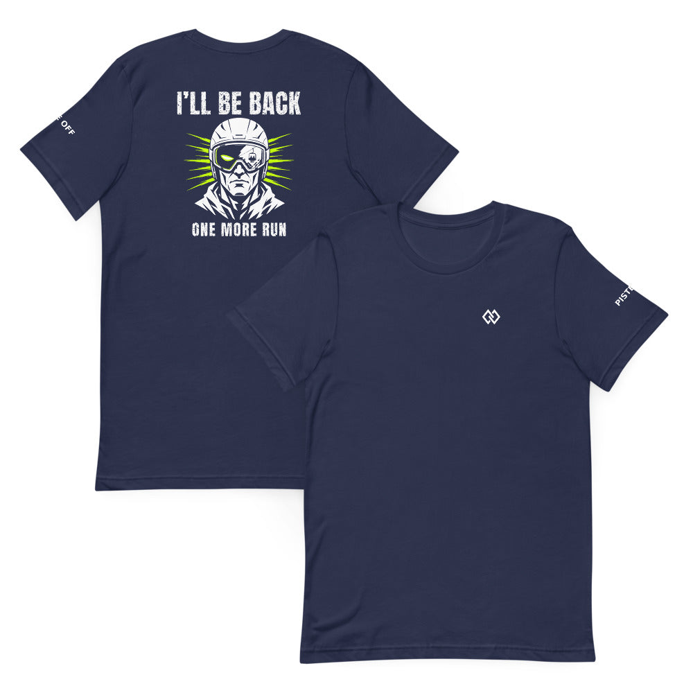 I'll Be Back T-Shirt – Navy, front and back (Printful mockup)