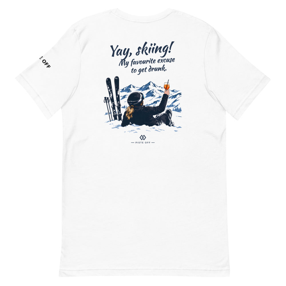 Yay, Skiing! T-Shirt – White, back (Printful mockup)