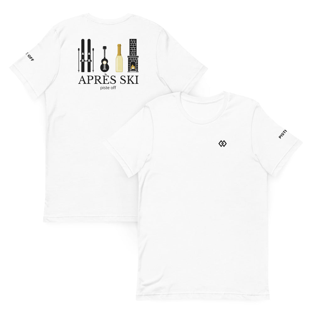 Après Ski T-Shirt – White, front and back (Printful mockup)